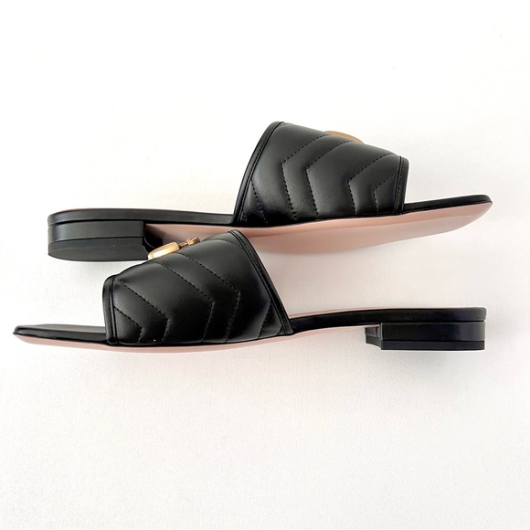 GUCCI | Marmont GG Jolie Matelasse Quilted Black Leather Low Heel Slides Sandals - Picture 6 of 14